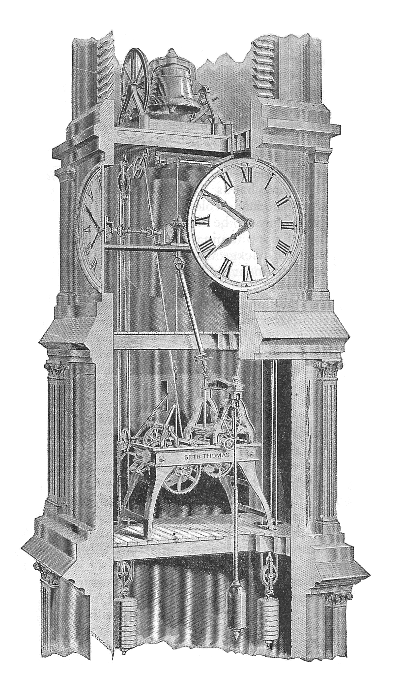 Cutaway engraving of a tower clock, showing the gear train, escapement, driving weights and pendulum.